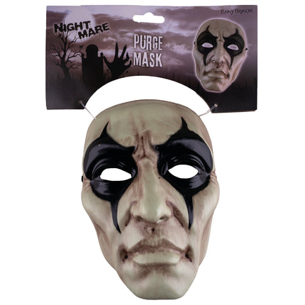 Purge masker op verkoopkaart van de Nightmare-serie, gezichtsmasker in gebroken wit met zwarte details