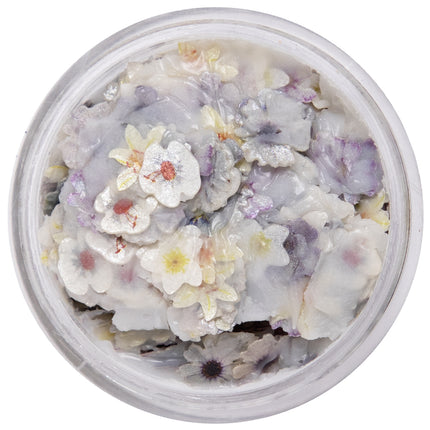 PXP gedroogde bloemetjes in wax in een rond potje, witte en paarse bloemvormen