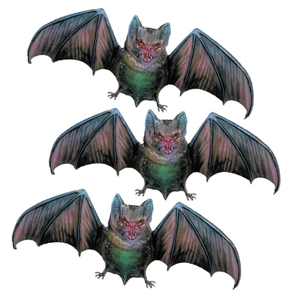 Raamstickers vleermuis 3D, drie stickers met paarsgroene vleugels en rode ogen voor Halloween