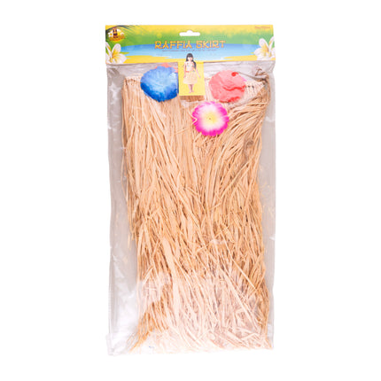 Raffia hawaii rokje in verpakking met blauwe, roze en rode bloemen aan de bovenrand