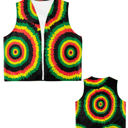 Rasta vest voor- en achterpand plat gelegd, zwart polyester met tie-dyecirkels en witte binnenkant