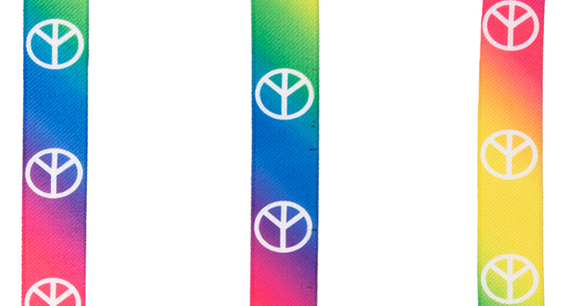 Regenboog bretels peace met witte peacetekens, Y-model en drie zilverkleurige clips