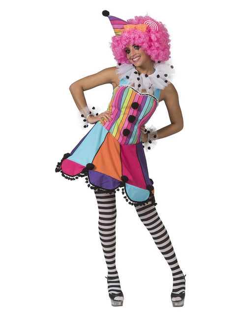 Regenboog clown jurkje Patty dames met gestreept lijfje, kleurpuntenrok, hoed en kraag voor carnaval
