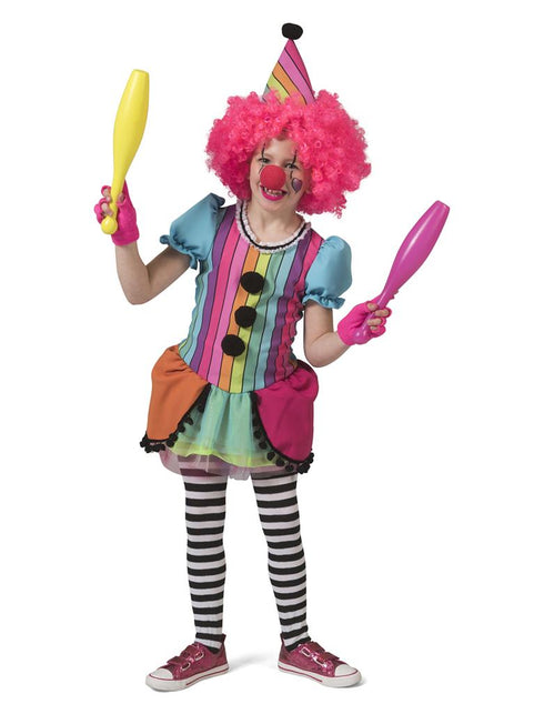 Regenboog clownspakje Mila met gestreept lijfje, zwarte pompons en tulerok, voor meisjes tijdens carnaval
