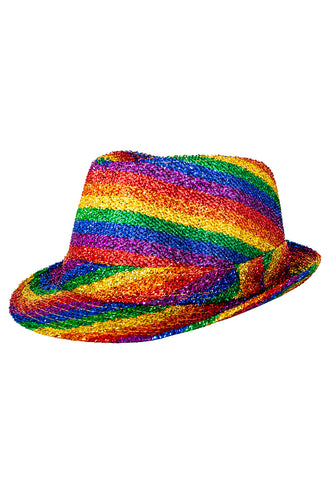 Regenboog gleufhoedje van de zijkant, diagonale kleurbanen en knoopje op de hoedband