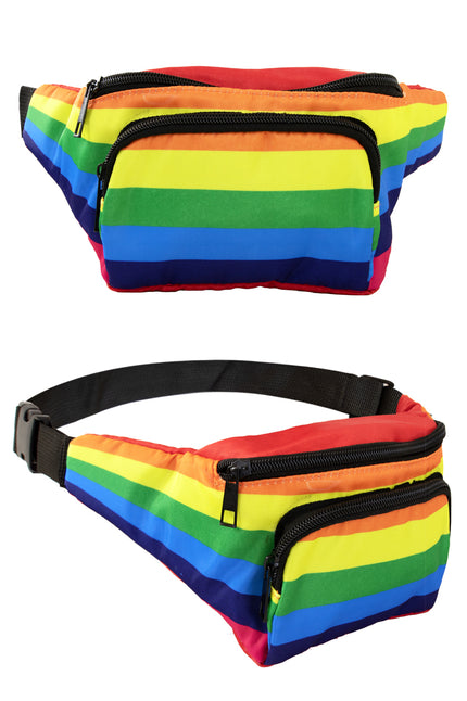 Regenboog heuptasje Pride met twee zwarte ritsvakken en verstelbare band, voor- en zijaanzicht