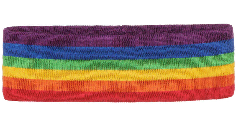 Regenboog hoofdband small met gebreide banen in paars, blauw, groen, geel, oranje en rood voor Pride