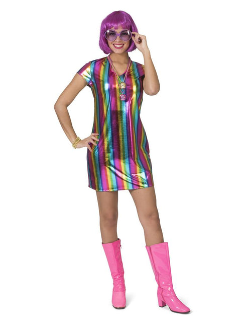 Regenboog pakje Ronda dames, korte metallic jurk met verticale regenboogstrepen en V-hals