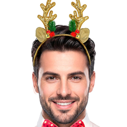 Rendier hoofddeksel glitter goud op heren haarband met rode pompons en belletje