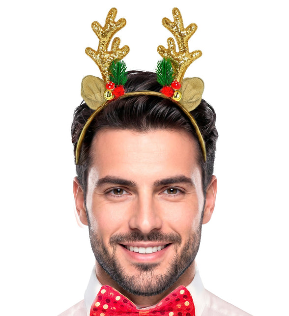 Rendier hoofddeksel glitter goud op heren haarband met rode pompons en belletje