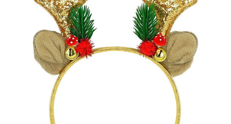 Rendier hoofddeksel glitter goud met plüche oren, belletjes en kerstboomtakjes, vooraanzicht