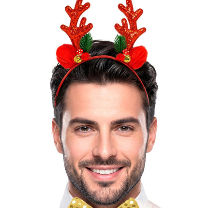 Rendier hoofddeksel glitter rood bij heren, rode beugel achter de haarlijn op kerstborrel
