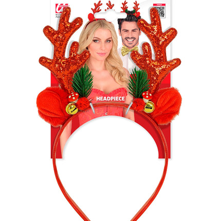 Rendier hoofddeksel glitter rood op verpakkingskaart, rode diadeem met gewei en paddenstoeltjes