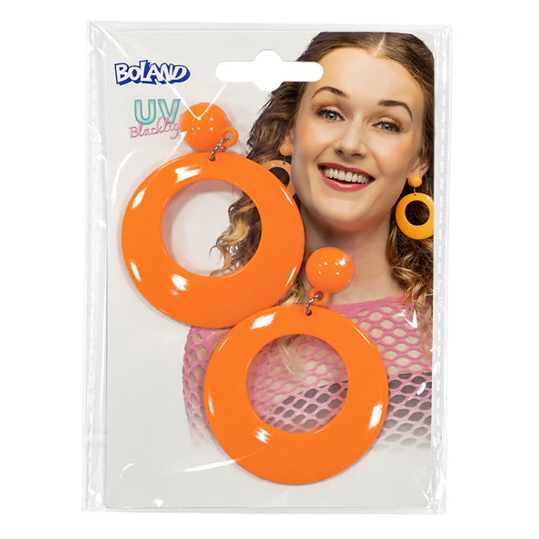 Retro oorbellen neonoranje van Boland op verpakkingskaart met uv-blacklightlogo
