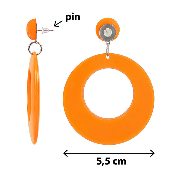 Retro oorbellen neonoranje van opzij en voor, met steker, stopje en ringhanger van 5,5 cm