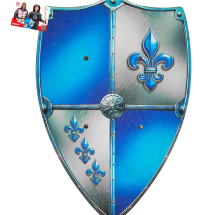 Ridderschild fleur-de-lis blauw zilver met grote lelie en rozet in het midden, kinderaccessoire