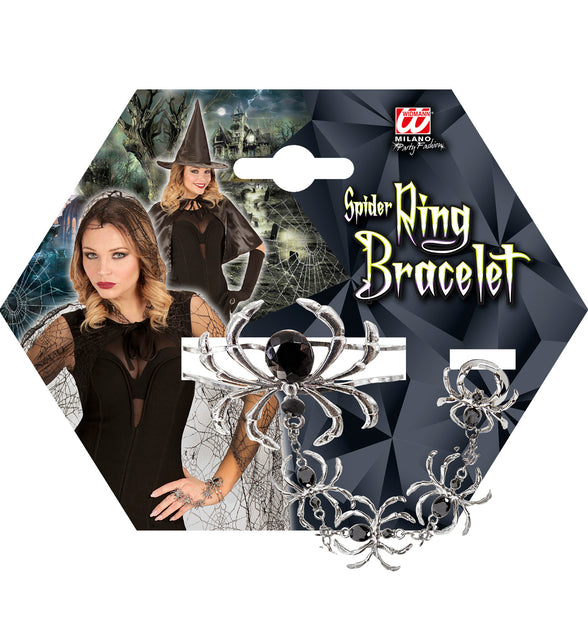 Ring armband spinnen halloween op verpakking van Widmann met close-up van de spinnen
