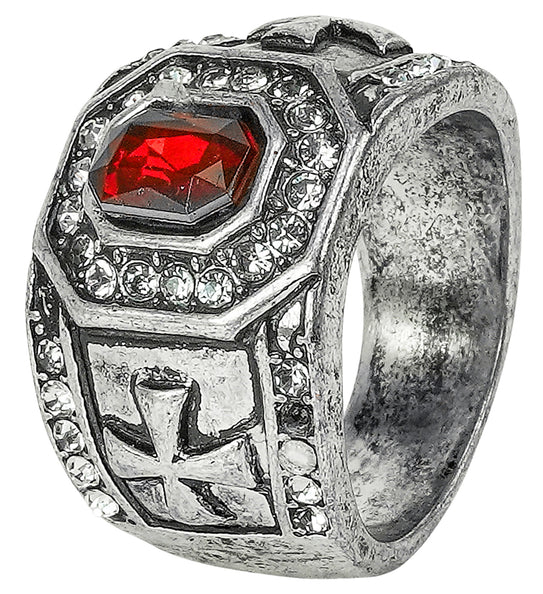 Ring met rode edelsteen en strass, zilverkleurig met kruismotief op de zijkant, voor heren