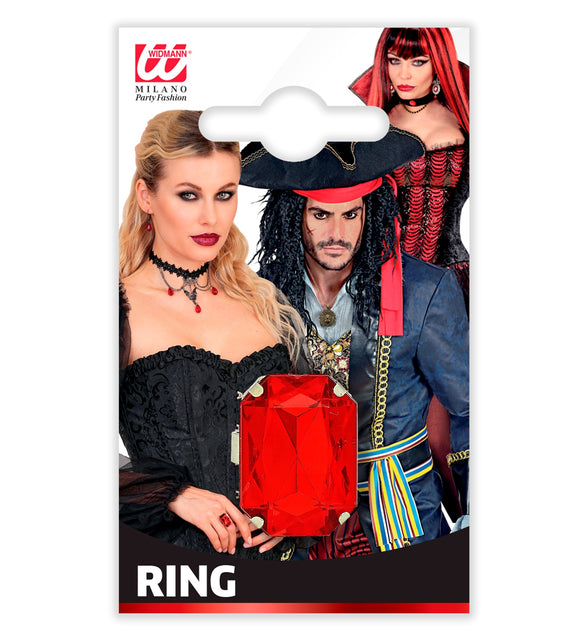 Ring rood gemsteen op verpakkingskaart, los sieraad voor Halloween of themafeest