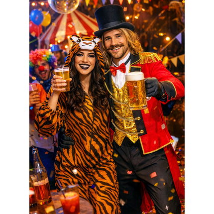 Ringmaster kostuum heren gedragen op een verkleedfeest, gilet met gouden pailletten en sierkettinkjes