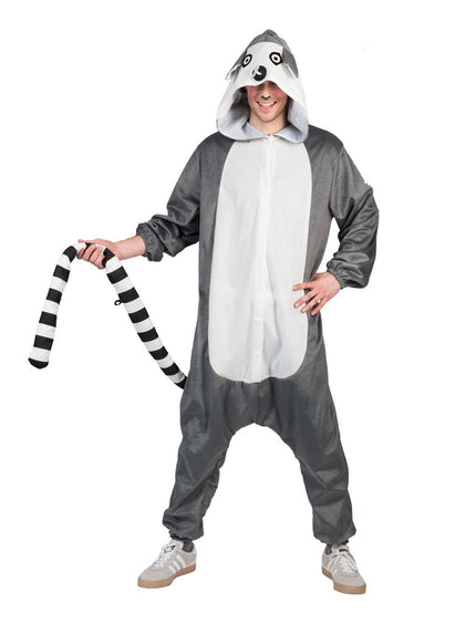 Ringstaartmaki kostuum voor heren, grijze jumpsuit met witte buik en kap met makigezicht