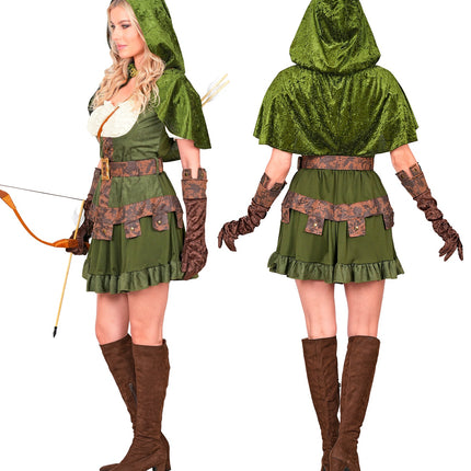 Robin van Sherwood jurk dames zij- en achteraanzicht met groene velours capuchon