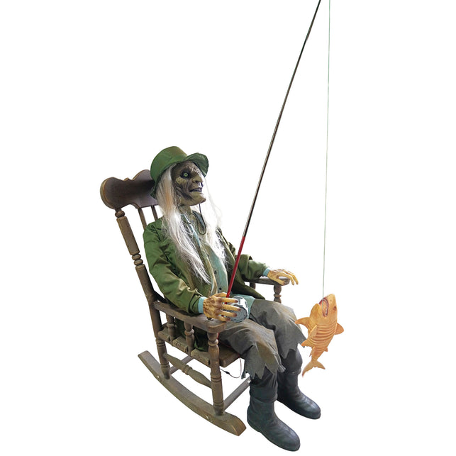 Rockin' Fisherman Freddy animatronic van 185 cm in schommelstoel met hengel en vis, Halloweendecoratie