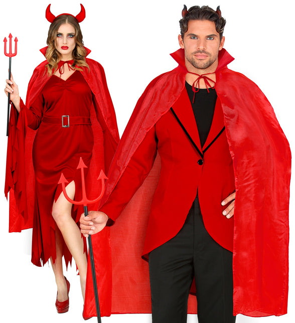 Rode cape kind 115 cm met opstaande kraag en strikkoord, gedragen bij een duivelslook voor Halloween
