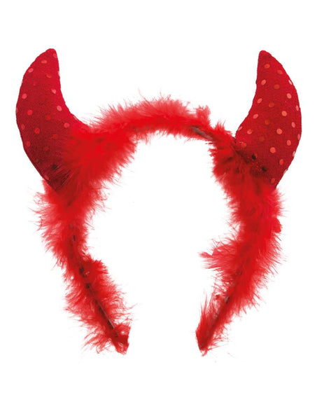 Rode duivel hoorn diadeem met marabou, rode hoorns met glinsterende stippen en pluizige rand