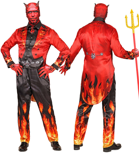 Rode duivelsjas met zwarte broek met vlammen en masker met hoorns, gedragen door heer
