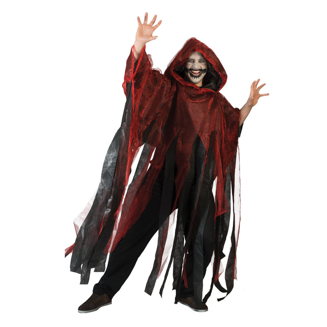 Rode Halloween cape vampier op witte achtergrond, doorschijnende rode stof over zwarte banen