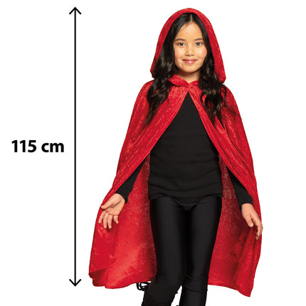 Rode kindercape van 115 cm inclusief kap, lengte aangegeven op meisje in zwarte legging