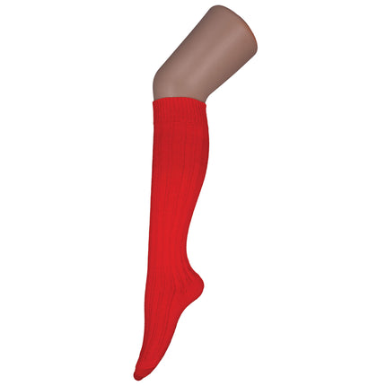 Rode kniekousen 60cm, ribgebreid in fel rood met brede boord, gedragen tot onder de knie
