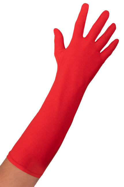 Rode lange handschoen van nylon tot over de onderarm, effen felrood voor een themafeest