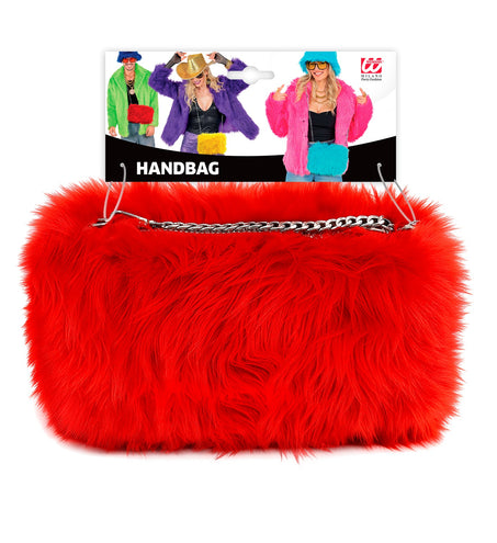 Rode pluche handtas in verpakking met kettinghengsel over de bovenrand