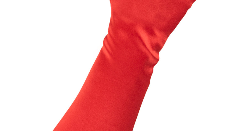 Rode satijnen handschoen van 40 cm met glanzende look tot over de onderarm, voor een themafeest