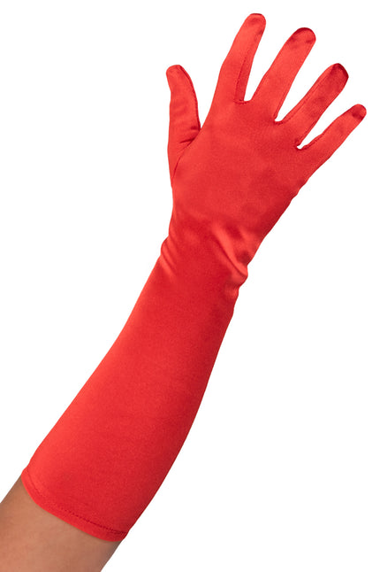 Rode satijnen handschoen van 40 cm met glanzende look tot over de onderarm, voor een themafeest