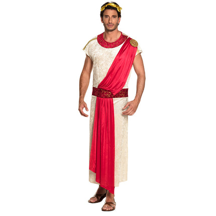 Romeins keizerkostuum Nero: crèmewitte toga met rode omslagdoek, riem en gouden lauwerhoofdband voor heren