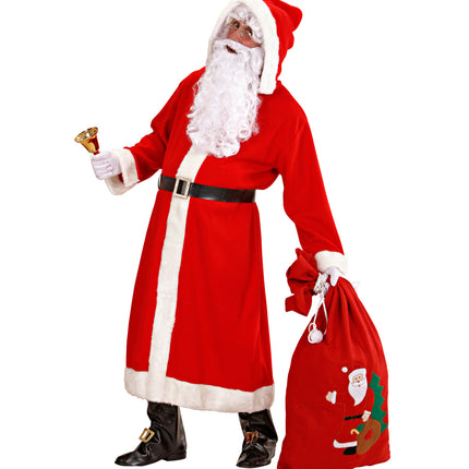 Rood kerstmangewaad met kap en pluche rand, gedragen met zwarte laarskappen en gouden gespen