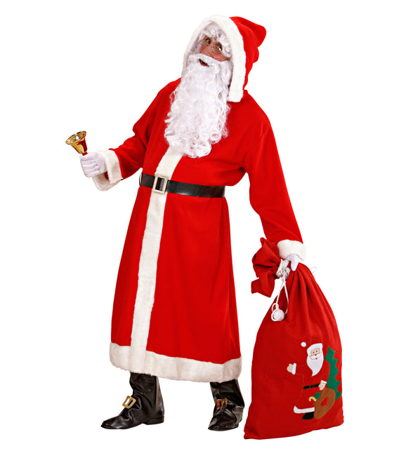 Rood kerstmangewaad met kap en pluche rand, gedragen met zwarte laarskappen en gouden gespen