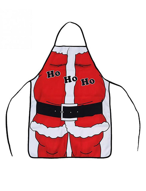 Rood kerstmanschort met witte bontrand, zwarte gordel met gesp en halslint, voor Kerst