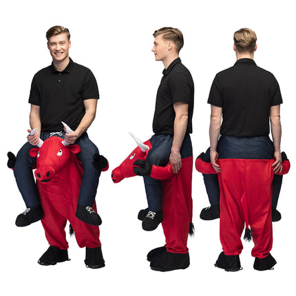 Rood stierenpak van voren, zijkant en achter met zwarte staart en schoenhoezen