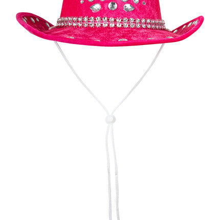 Roze cowboyhoed met grote geslepen steentjes op de bol en wit stormkoord