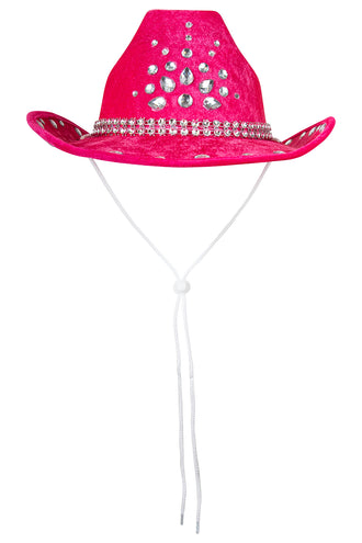 Roze cowboyhoed met grote geslepen steentjes op de bol en wit stormkoord