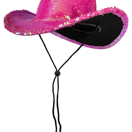 Roze cowboyhoed schuin van opzij, zwarte binnenzijde en glanzende paillettenrand