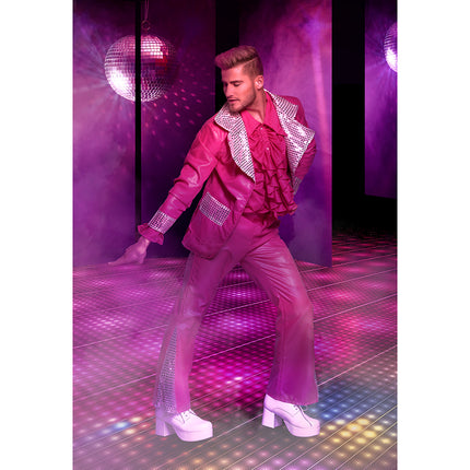 Roze disco king kostuum heren gedragen op de dansvloer, geschikt voor een jaren 70-feest