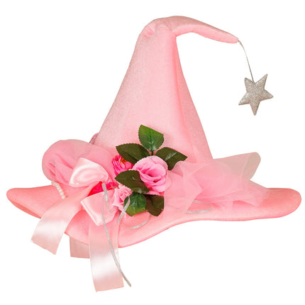 Roze feeënhoed zijaanzicht met omgeslagen punt en roze rozen met blaadjes
