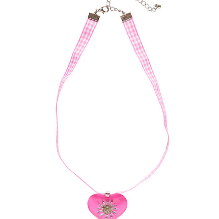 Roze hartketting met edelweiss aan roze-wit geruit lint met verlengschakel en karabijnsluiting