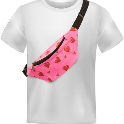 Roze heuptasje met hartjes schuin over de schouder gedragen bij een wit shirt op een themafeest