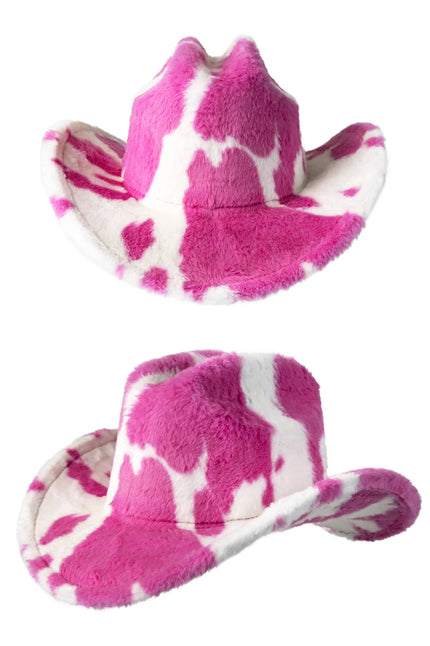 Roze koeienprint hoed pluizig met witte vlekken, ingedeukte bol en opgekrulde rand voor een themafeest